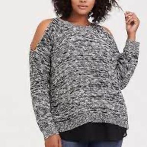 BLACK & WHITE MARLED COLD SHOULDER 2FER SWEATER-KNIT TOP